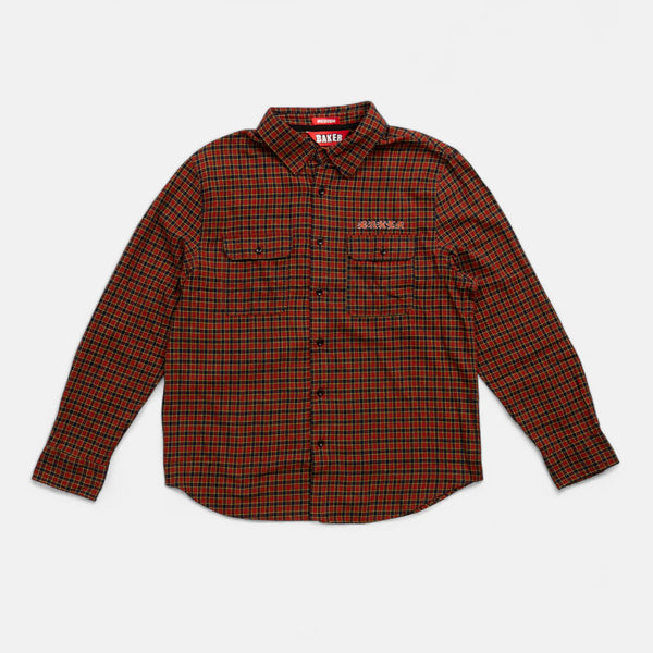 Baker Flames Plaid Flannel Button Up Shirt - Red